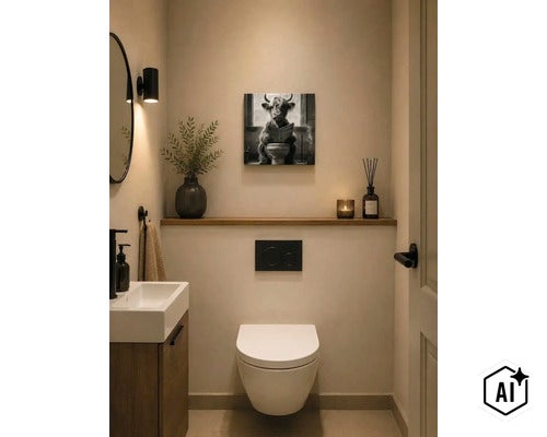 Modernes Gäste WC mit Wand WC, hängendem Waschbecken, Holzregal und humorvollem Wandbild eines Rinds auf der Toilette. (Image AI modified or generated)