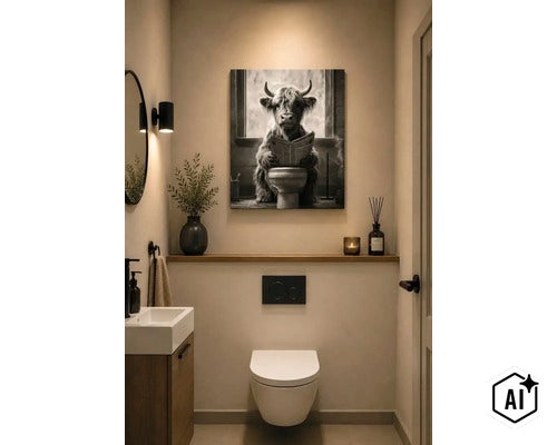 Modernes Gäste WC mit Wandbild eines Hochlandrinds auf der Toilette, hängendem WC, Waschbecken und Spiegel in einem minimalistischen Design. (Image AI modified or generated)