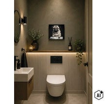 Modernes Gäste WC mit Wand WC, hängendem Waschbecken, integrierter LED Beleuchtung, vertikaler Wandverkleidung und einem Mops Wandbild. (Image AI modified or generated)