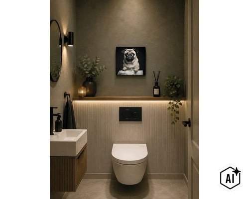 Modernes Gäste WC mit Wand WC, hängendem Waschbecken, integrierter LED Beleuchtung, vertikaler Wandverkleidung und einem Mops Wandbild. (Image AI modified or generated)