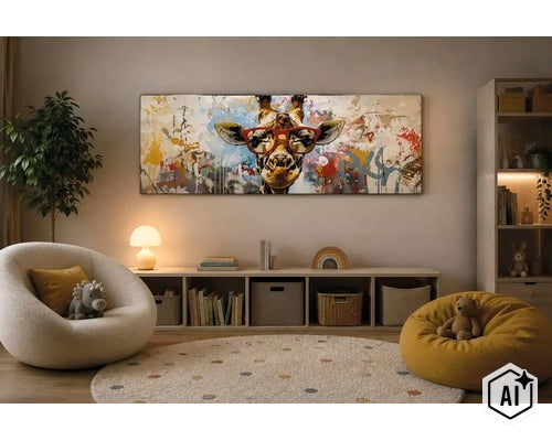 Wandbild mit Giraffenmotiv in Brille in einem modernen Kinderzimmer mit Sitzmöbeln und Regal. (Image AI modified or generated)