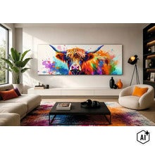 Modernes Wohnzimmer mit einem abstrakten Wandbild eines Hochlandrindes im Aquarellstil über einem weißen Sideboard und einem gemusterten Teppich. (Image AI modified or generated)