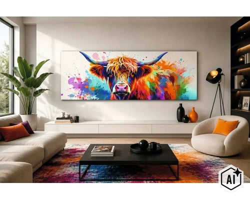 Modernes Wohnzimmer mit einem abstrakten Wandbild eines Hochlandrindes im Aquarellstil über einem weißen Sideboard und einem gemusterten Teppich. (Image AI modified or generated)