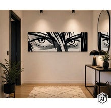 Wandbild mit Comic Augen Motiv im modernen Flur mit Spiegel und Konsolentisch. (Image AI modified or generated)
