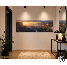 Wandbild mit Berglandschaft und Fluss bei Sonnenuntergang in einem modern eingerichteten Flur mit Spiegel, Konsole und Zimmerpflanze. (Image AI modified or generated)