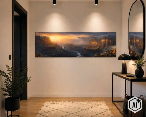 Wandbild mit Berglandschaft und Fluss bei Sonnenuntergang in einem modern eingerichteten Flur mit Spiegel, Konsole und Zimmerpflanze. (Image AI modified or generated)