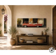 Wandbild mit Motiv eines Oldtimer Cabriolets in mediterraner Umgebung über einem rustikalen Konsolentisch in einem hellen Flur. (Image AI modified or generated)