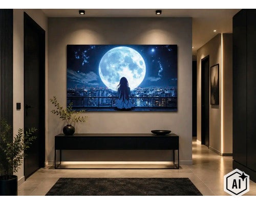 Wandbild mit Anime Motiv einer sitzenden Person vor Vollmond über einer Stadt in modernem Flur mit dunkler Kommode. (Image AI modified or generated)