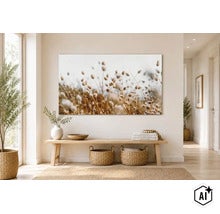 Wandbild mit Naturmotiv von Gräsern über einer Holzbank mit Körben in einem hellen, modern eingerichteten Flur. (Image AI modified or generated)