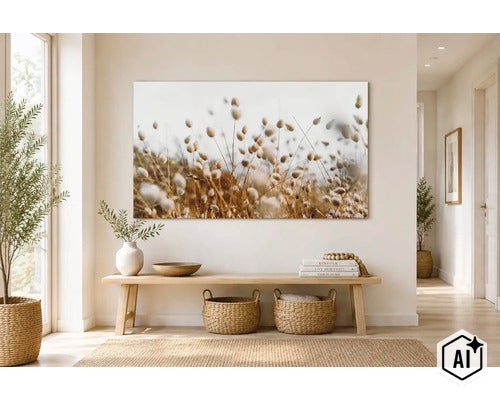 Wandbild mit Naturmotiv von Gräsern über einer Holzbank mit Körben in einem hellen, modern eingerichteten Flur. (Image AI modified or generated)