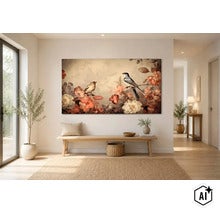 Ein großes Wandbild mit Vögeln und Blumen in einem hellen Flur mit einer Holzbank und einem geflochtenen Korb. (Image AI modified or generated)