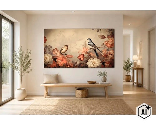 Ein großes Wandbild mit Vögeln und Blumen in einem hellen Flur mit einer Holzbank und einem geflochtenen Korb. (Image AI modified or generated)