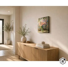 Wandbild mit Blumenstrauß in Glasvase auf hellem Holzsideboard in einem modernen Flur mit Wohnaccessoires. (Image AI modified or generated)