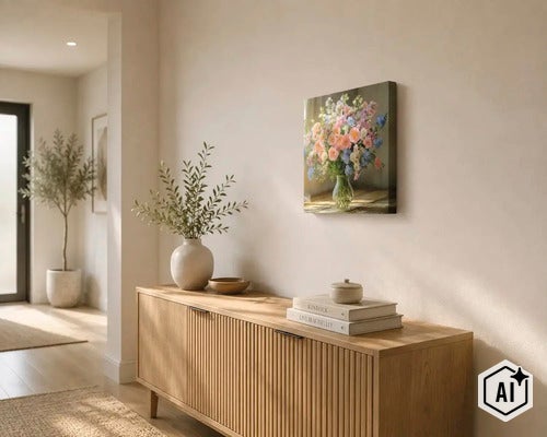 Wandbild mit Blumenstrauß in Glasvase auf hellem Holzsideboard in einem modernen Flur mit Wohnaccessoires. (Image AI modified or generated)