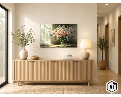 Wandbild mit Blumenstrauß in Glasvase über einem Sideboard aus Holz in einem hellen, modern eingerichteten Wohnbereich. (Image AI modified or generated)