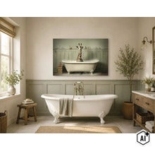 Ein Badezimmer mit einem Wandbild einer Giraffe in einer Badewanne über einer klassischen Badewanne mit Armatur vor einer holzvertäfelten Wand. (Image AI modified or generated)