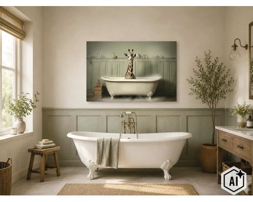 Ein Badezimmer mit einem Wandbild einer Giraffe in einer Badewanne über einer klassischen Badewanne mit Armatur vor einer holzvertäfelten Wand. (Image AI modified or generated)