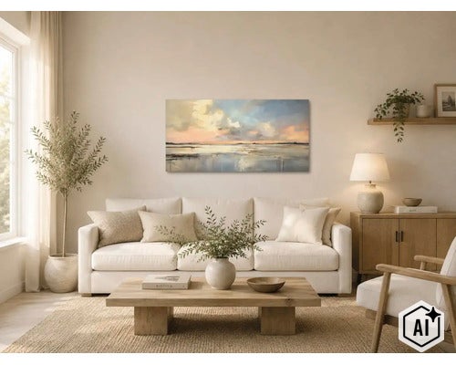Wohnzimmer mit hellem Sofa, Holztisch und einem abstraktem Landschaftsbild an der Wand in neutraler Einrichtung. (Image AI modified or generated)