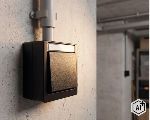 Aufputz Lichtschalter für Feuchträume montiert auf einer Betonwand. (Image AI modified or generated)