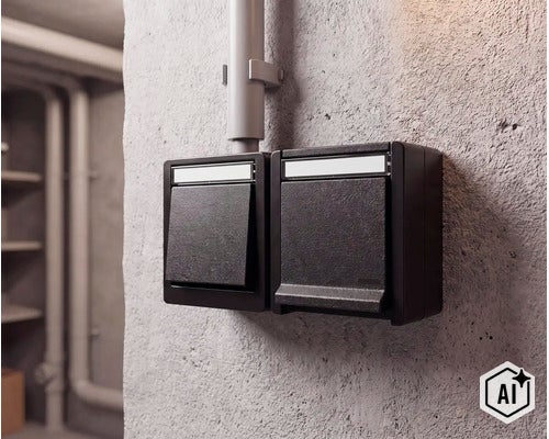 Doppel Aufputz Schalter für Feuchträume in einem Keller an einer Betonwand montiert (Image AI modified or generated)