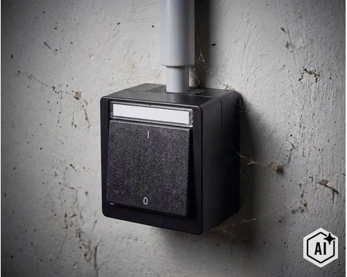 Aufputz Lichtschalter in robuster Ausführung mit Kennzeichnungsfeld zur Wandmontage. (Image AI modified or generated)