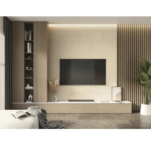 Modernes Wohnzimmer mit TV-Wand, Holzregal, Fliesenwand in Steinoptik und Lamellenwandgestaltung für ein harmonisches Ambiente.