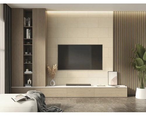 Modernes Wohnzimmer mit TV-Wand, Holzregal, Fliesenwand in Steinoptik und Lamellenwandgestaltung für ein harmonisches Ambiente.