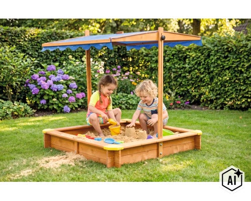 Sandkasten aus Holz mit verstellbarem Sonnendach und zwei sitzenden Kindern beim Spielen im Garten. (Image AI modified or generated)