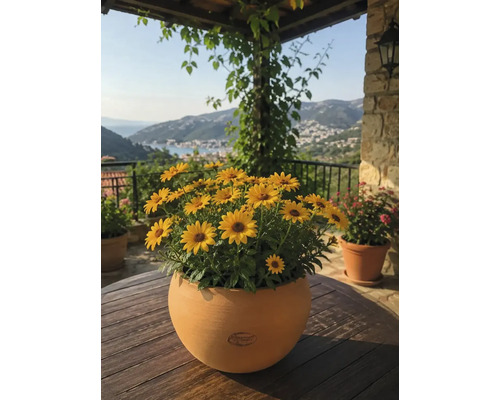Gelbe Margeriten in einem runden Tontopf auf einem Holztisch vor einer mediterranen Terrasse mit Blick auf eine Bucht und Berge.