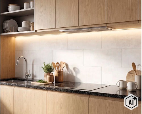 Moderne Küche mit Holzfronten, dunkler Granitarbeitsplatte und weißem Fliesenspiegel, ergänzt durch indirekte LED Beleuchtung. (Image AI modified or generated)