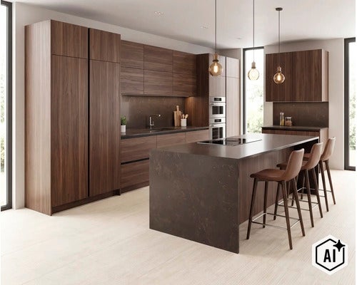 Moderne Einbauküche mit dunklen Holzfronten, Kücheninsel mit Steinplatte, integrierten Elektrogeräten und drei Barhockern in einem hellen Raum. (Image AI modified or generated)