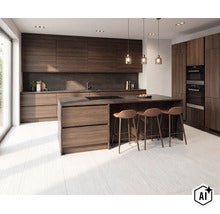 Moderne Einbauküche mit dunklen Holzfronten, Kücheninsel, Barhockern und integrierten Elektrogeräten in einem hellen, offenen Raum. (Image AI modified or generated)