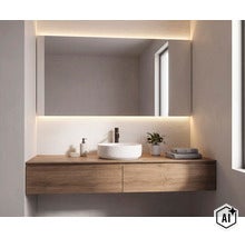 Modernes Badezimmer mit Waschtischunterschrank in Holzoptik, rundem Aufsatzwaschbecken, LED beleuchtetem Spiegel und gerillten Wandfliesen. (Image AI modified or generated)