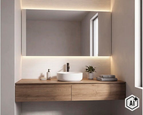 Modernes Badezimmer mit Waschtischunterschrank in Holzoptik, rundem Aufsatzwaschbecken, LED beleuchtetem Spiegel und gerillten Wandfliesen. (Image AI modified or generated)