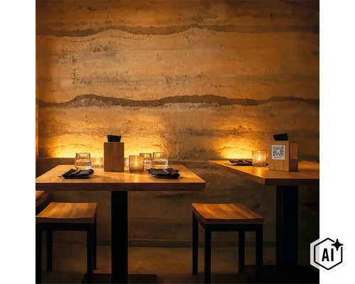 Restaurant mit Holztischen und Stühlen vor einer strukturierten Stampflehmwand mit atmosphärischer indirekter Beleuchtung. (Image AI modified or generated)
