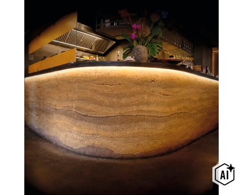 Moderne Bar mit Theke aus Stampflehm mit indirekter Beleuchtung im Innenbereich. (Image AI modified or generated)