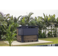 Moderne Gartenbar mit Holzoptik und dunklen Rahmenelementen auf einer Holzterrasse im Garten vor einer tropischen Bepflanzung.