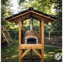 Steinbackofen mit Holzunterstand im Garten für das Backen von Pizza und Brot im Freien. (Image AI modified or generated)