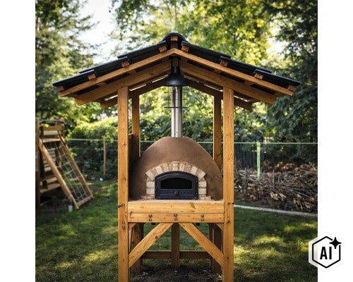 Steinbackofen mit Holzunterstand im Garten für das Backen von Pizza und Brot im Freien. (Image AI modified or generated)