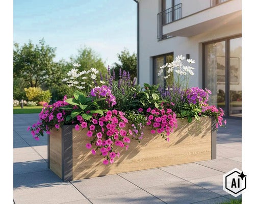 Rechteckiger Blumenkübel in Holzoptik mit Rahmen auf einer Terrasse, bepflanzt mit bunten Sommerblumen. (Image AI modified or generated)