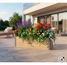 Rechteckiger Pflanzkübel mit Holzoptik auf einer Terrasse, bepflanzt mit blühenden Blumen in Violett, Gelb, Rot und Weiß. (Image AI modified or generated)