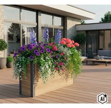 Rechteckiger Pflanzkübel in Holzoptik mit moderner Terrasse, bepflanzt mit blühenden Sommerblumen vor einem modernen Wohnhaus. (Image AI modified or generated)