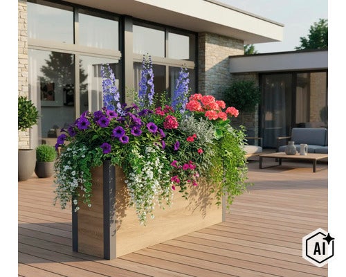 Rechteckiger Pflanzkübel in Holzoptik mit moderner Terrasse, bepflanzt mit blühenden Sommerblumen vor einem modernen Wohnhaus. (Image AI modified or generated)