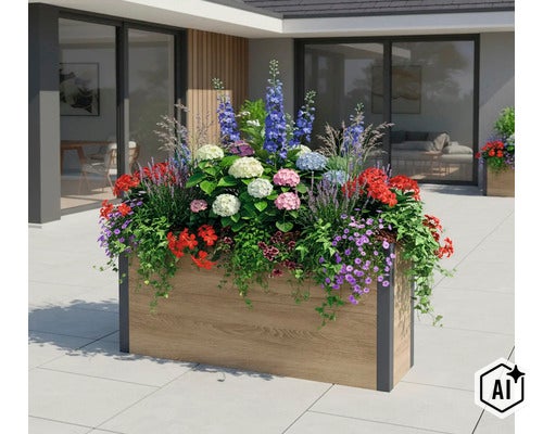 Großer rechteckiger Blumenkübel mit Holzoptik und dunklen Metallecken, üppig bepflanzt mit bunten Sommerblumen auf einer Terrasse. (Image AI modified or generated)
