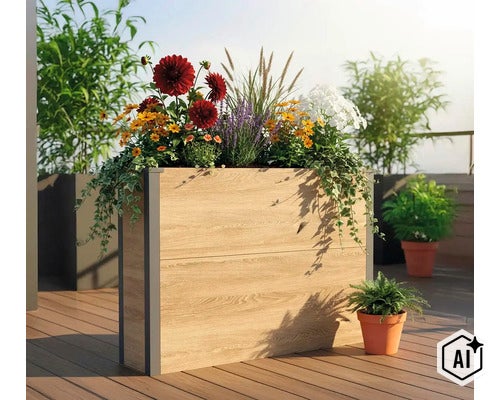 Rechteckiger Blumenkasten in Holzoptik mit dunklen Eckprofilen, bepflanzt mit bunten Blumen und Gräsern auf einer Terrasse. (Image AI modified or generated)