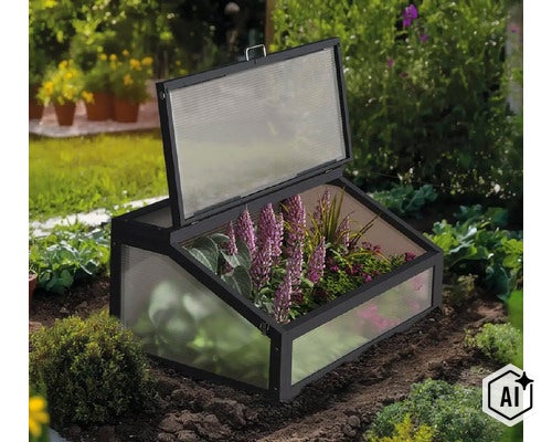 Frühbeet mit aufklappbarem Deckel aus Stegdoppelplatten und einem Rahmen, platziert in einem Gartenbeet mit Pflanzen. (Image AI modified or generated)