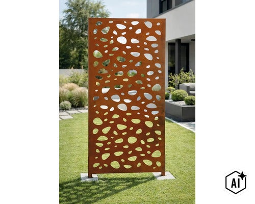 Rechteckiger Sichtschutz aus Metall mit organischem Lochmuster, freistehend im Garten platziert als dekorative Trennwand für den Außenbereich. (Image AI modified or generated)