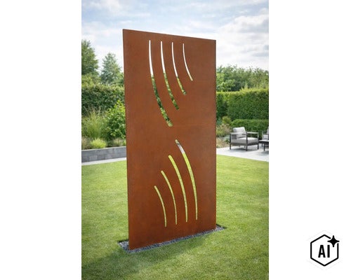 Rechteckiger Sichtschutz aus Metall mit Rostoptik und geschwungenen Ausstanzungen als Gestaltungselement im Garten auf Rasenfläche (Image AI modified or generated)