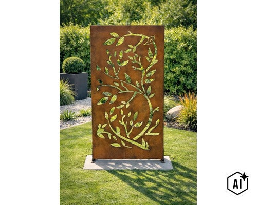 Rechteckiger Sichtschutz aus Metall in Edelrostoptik mit ausgestanztem Pflanzenmotiv als Dekorpaneel für den Garten. (Image AI modified or generated)