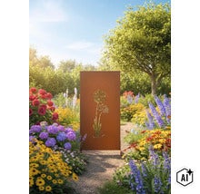 Sichtschutzwand aus Metall mit Edelrost Patina und Blumenmotiv als Garten Dekoration in einem sonnigen Garten mit Blumenbeeten. (Image AI modified or generated)